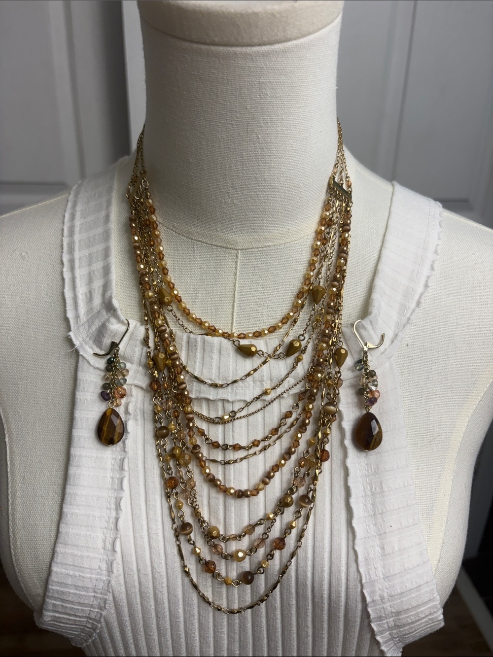 Multi-Strand Gold and Brown Beaded Statement Necklace with Matching Earrings